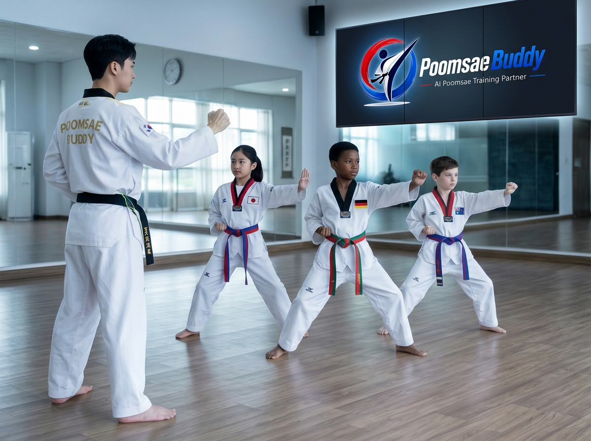Taekwondo students practicing poomsae in a dojang with their instructor